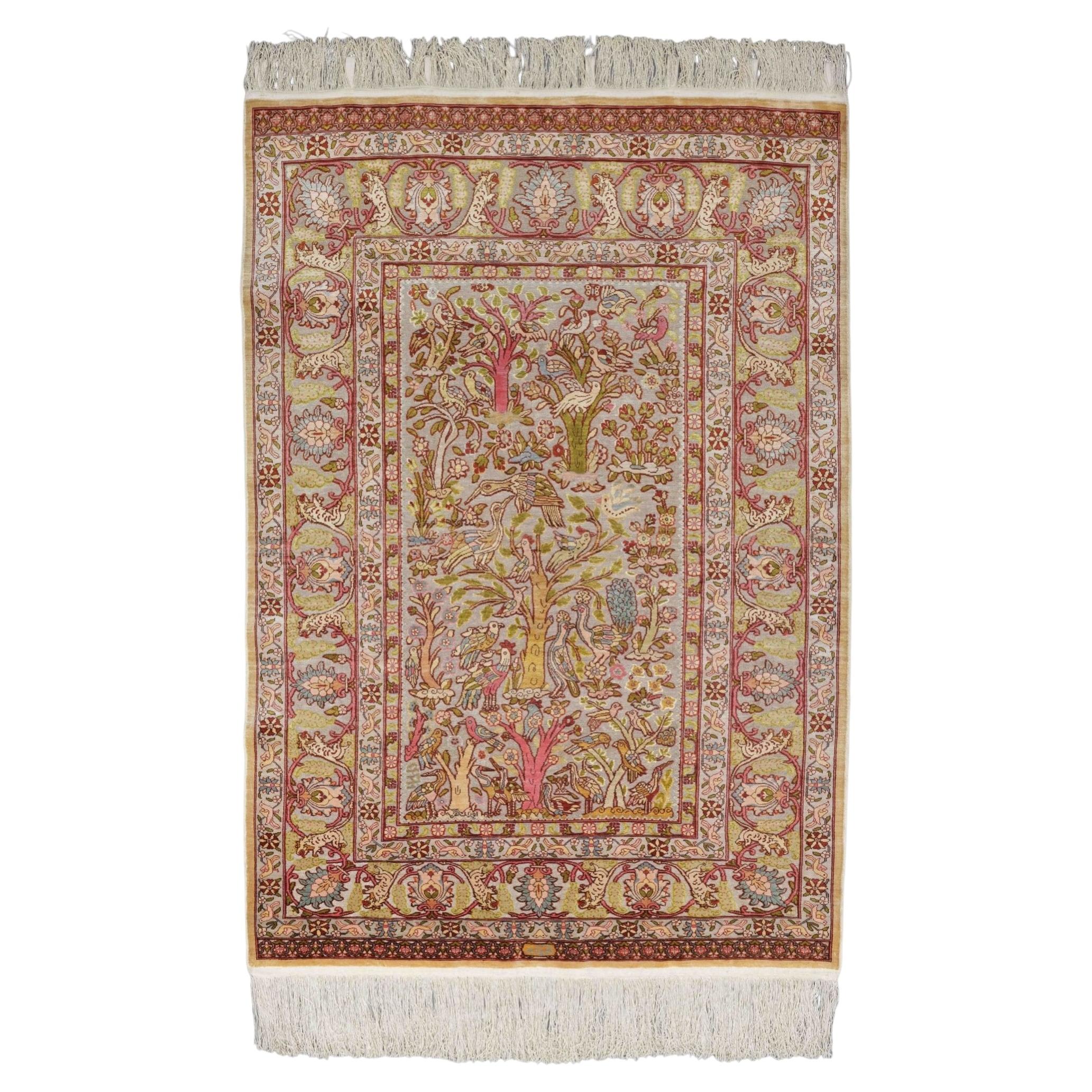 Antique Signed Hereke Silk Rug - Mid 20th Century