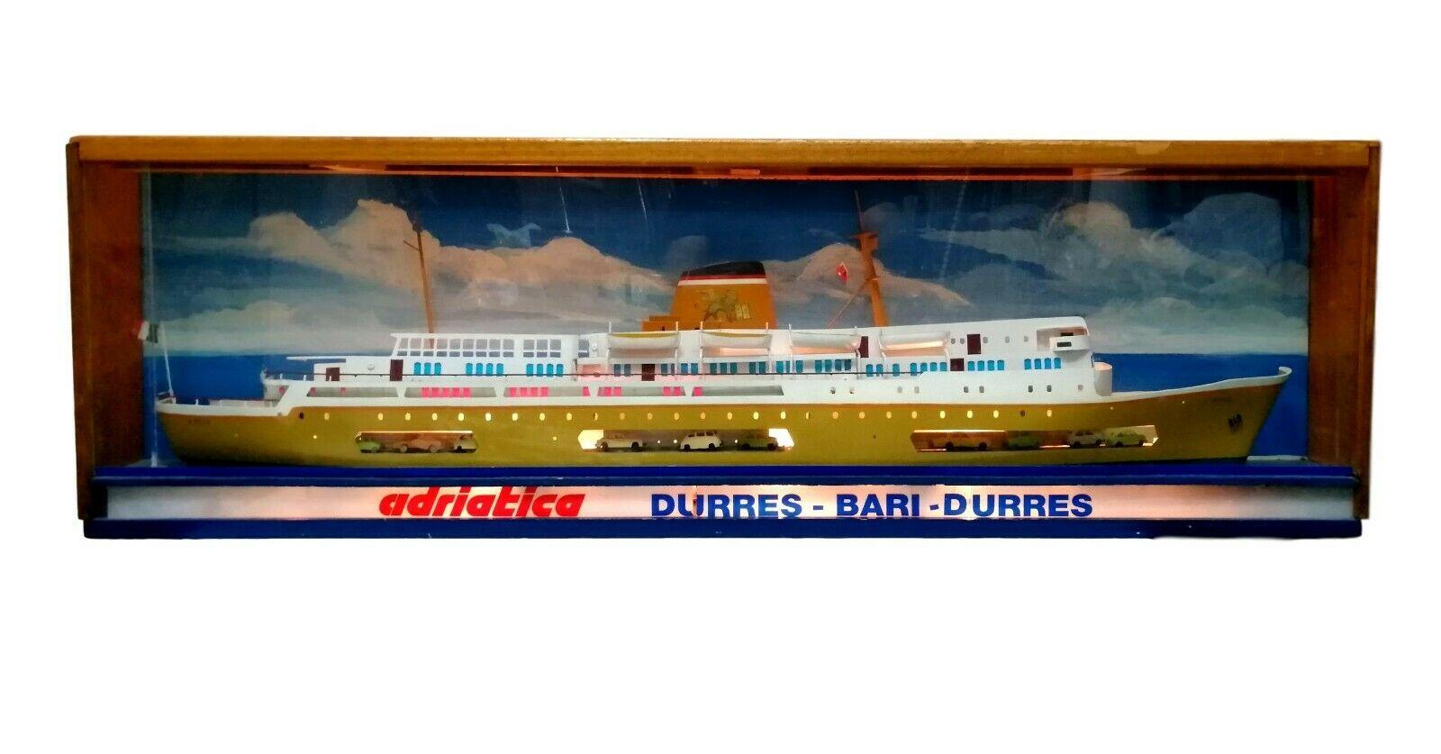 splendid and very rare LUMINOSA sign from the 1960s of the Adriatic shipping company of Venice, which belonged to a travel agency, with, inside, a real scale model AND IN METAL, of the appia ferry, used for the Bari-Durres-Bari line

the sign