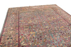 Antique Signature Kashan Pink and Blue Wool Rug with All-Over Floral Patterns
