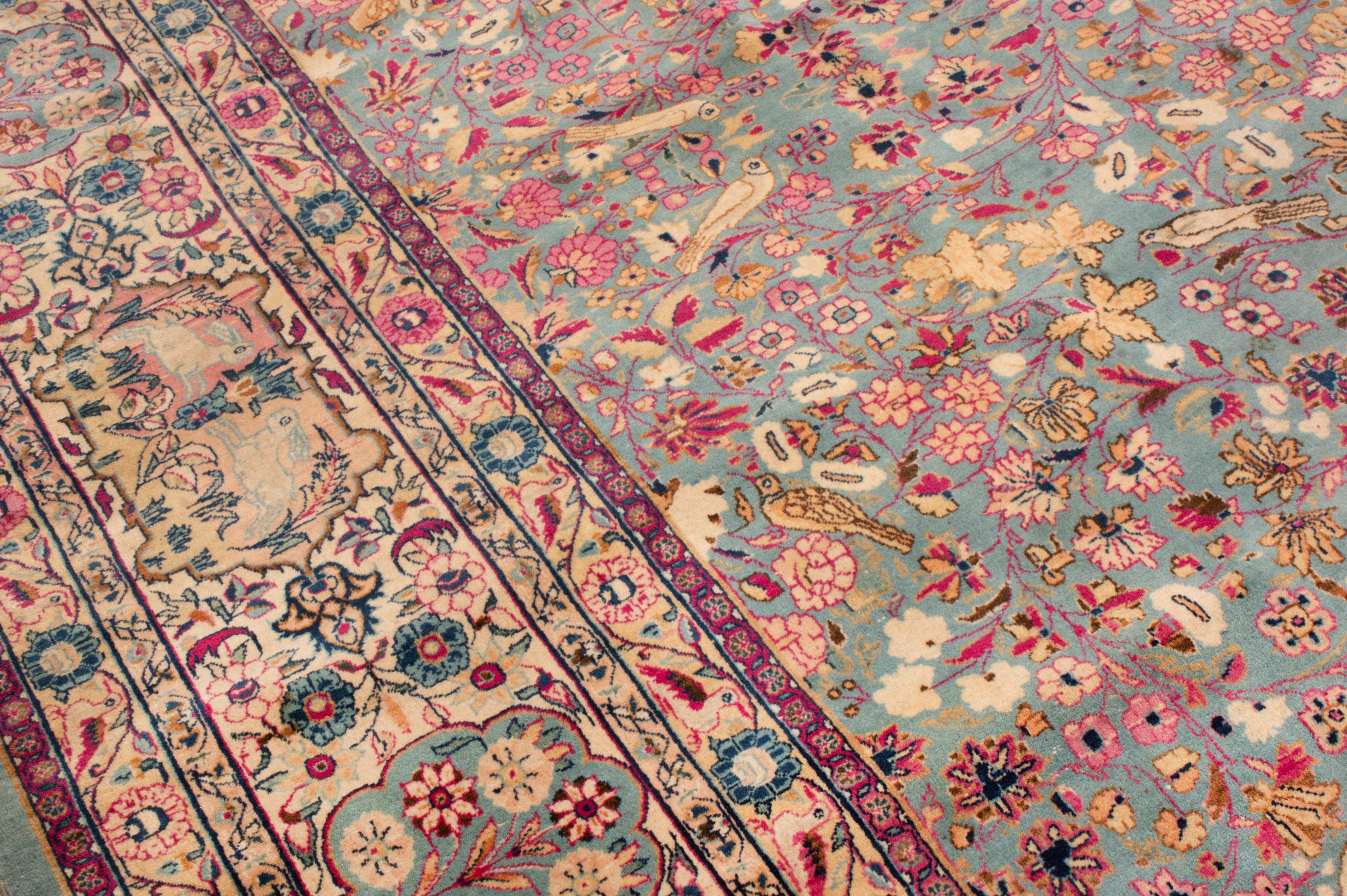 Persian Antique Signature Kashan Pink and Blue Wool Rug with All-Over Floral Patterns