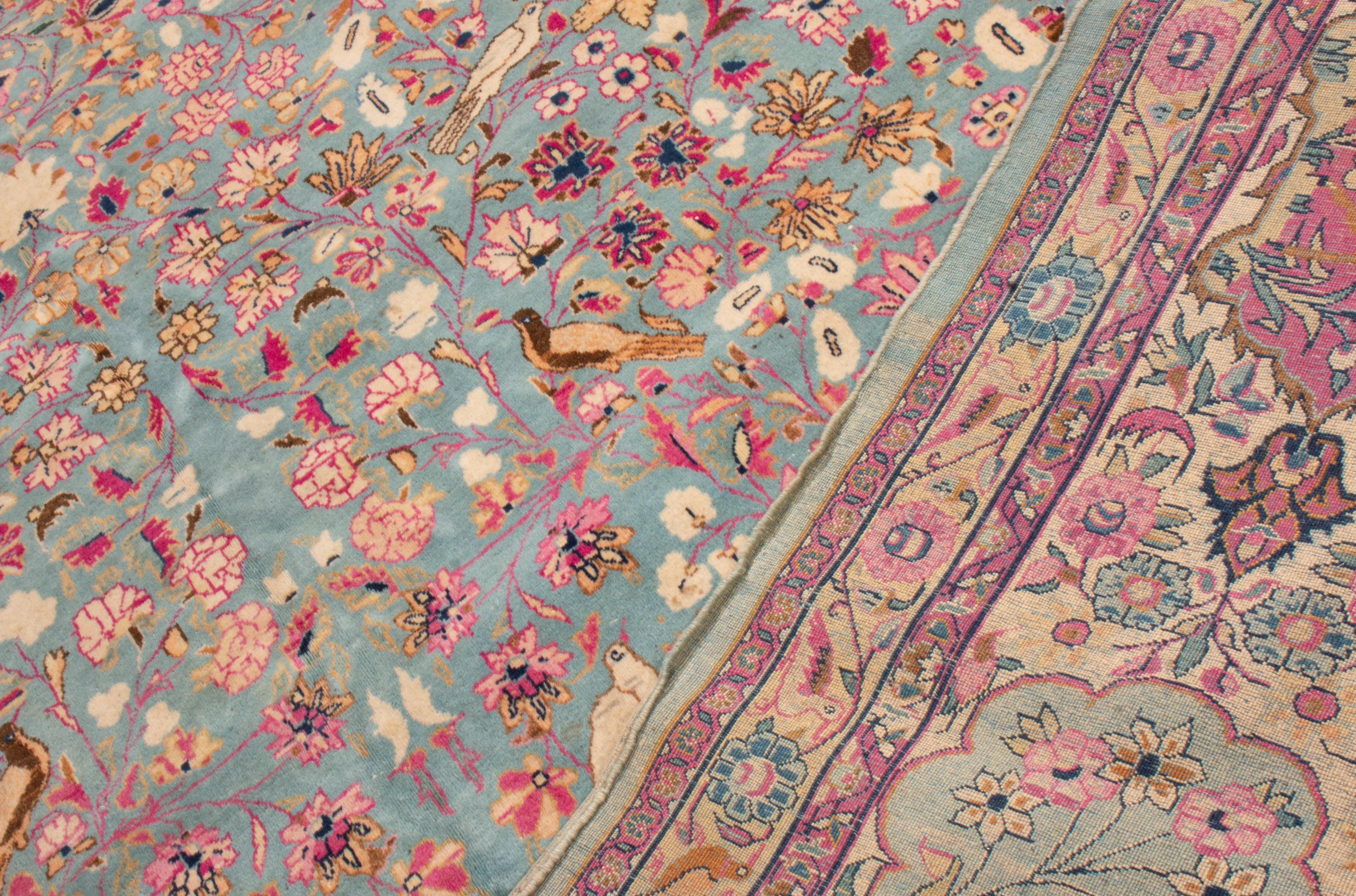 Hand-Knotted Antique Signature Kashan Pink and Blue Wool Rug with All-Over Floral Patterns