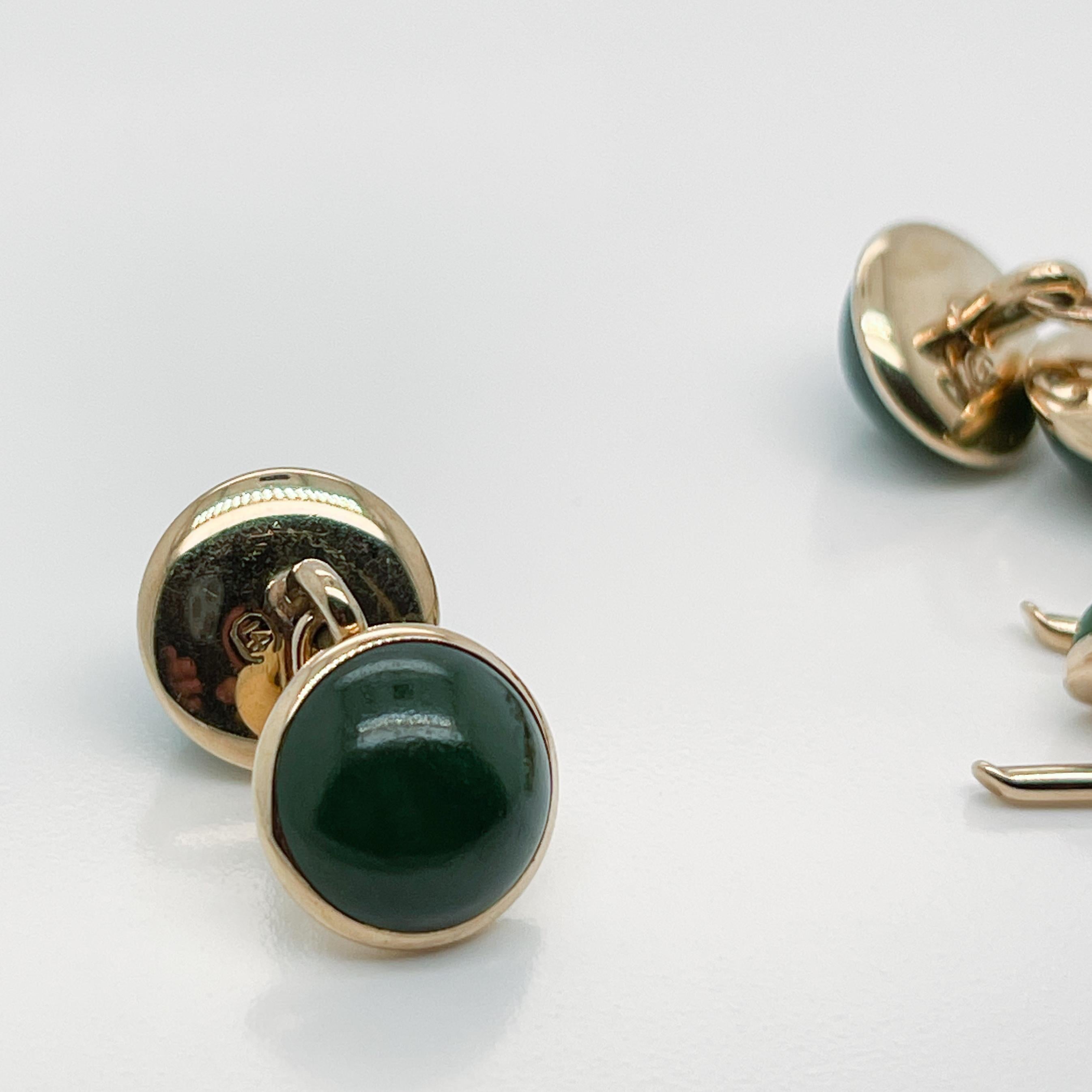 Antique Signed 14 Karat Gold & Nephrite Jade Cufflinks & Buttons Dress Set For Sale 2