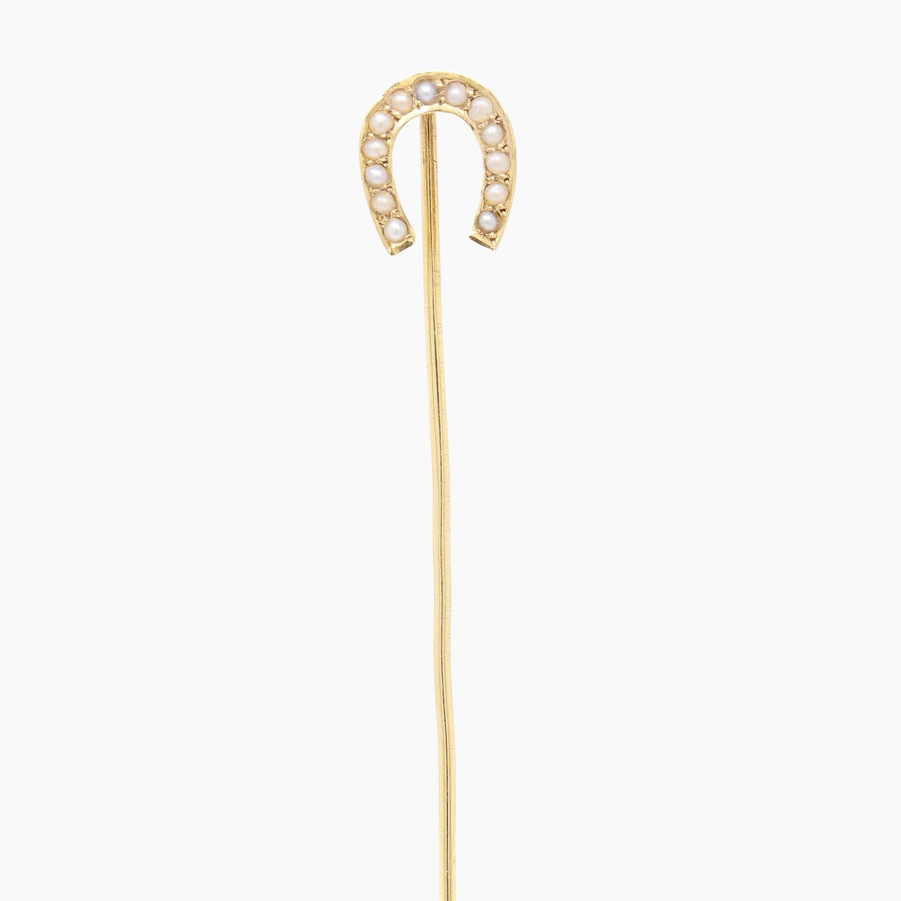 Edwardian Antique Signed 14k Gold & Pearl Horseshoe Stickpin For Sale
