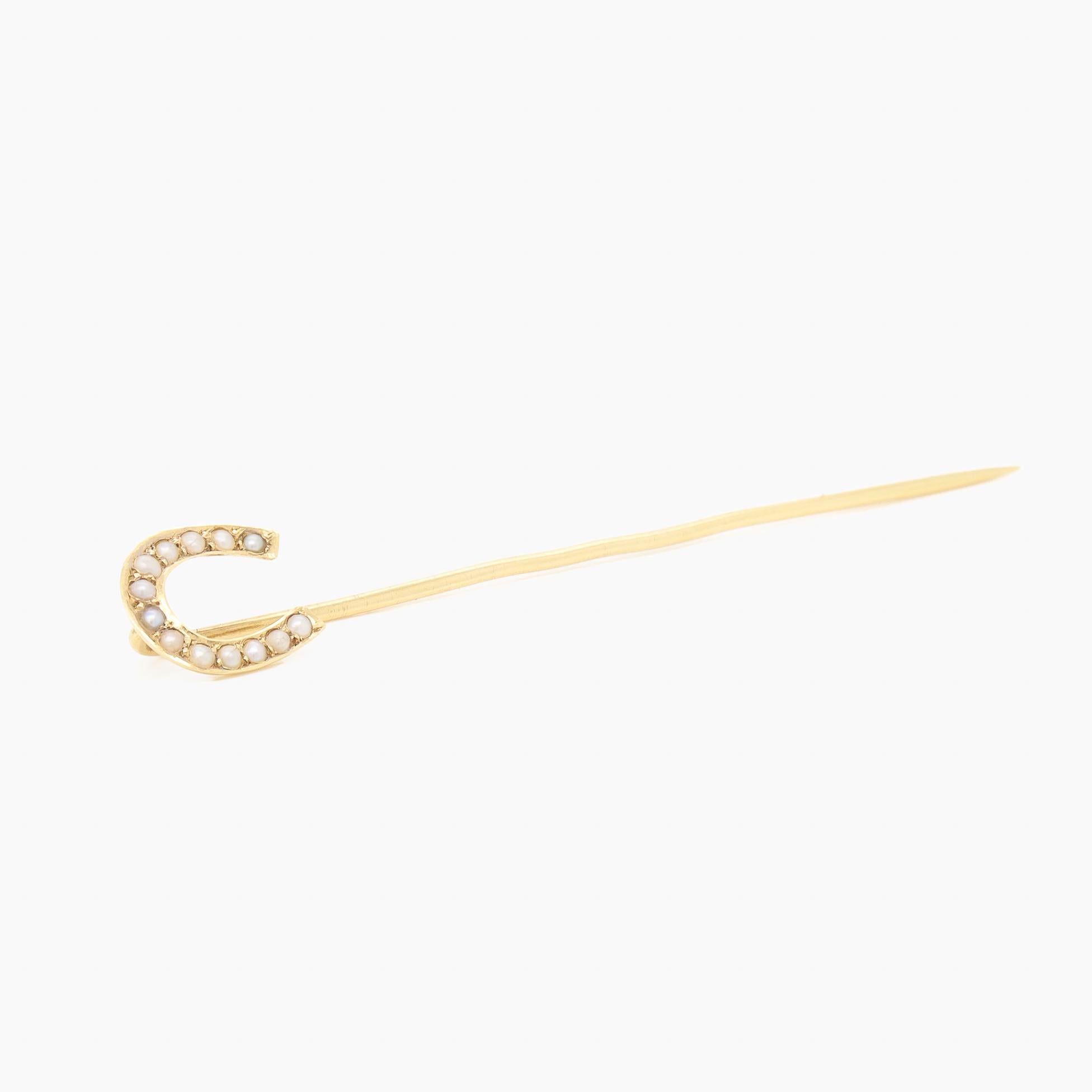 Round Cut Antique Signed 14k Gold & Pearl Horseshoe Stickpin For Sale