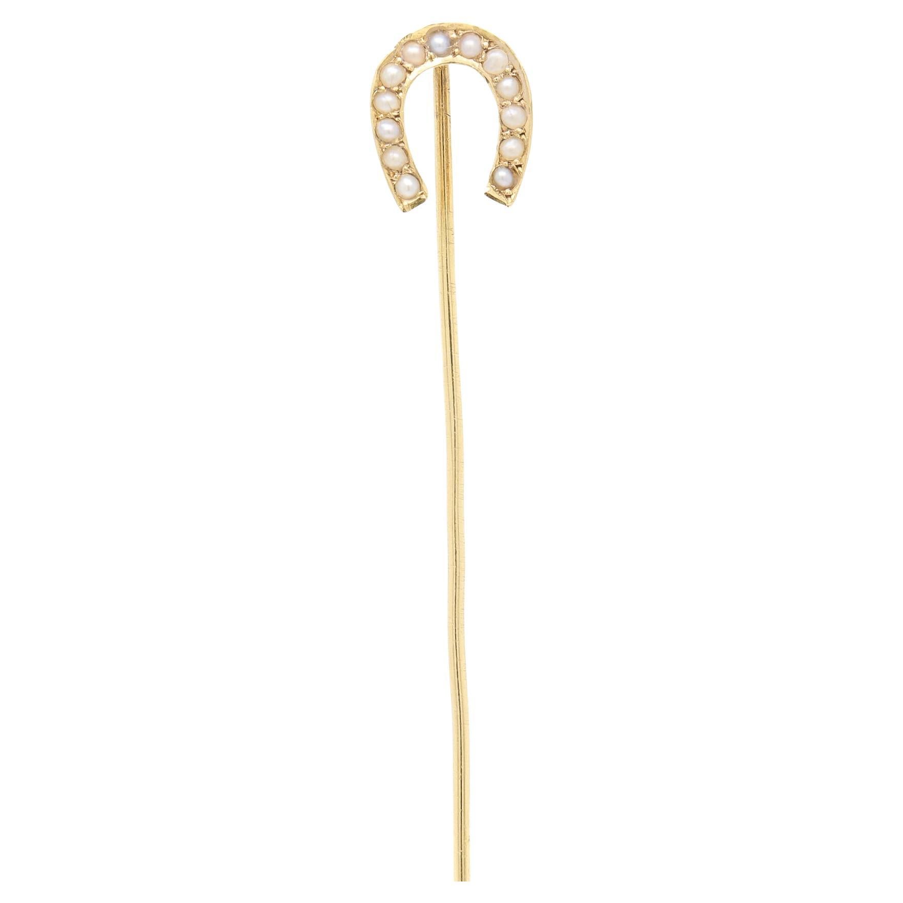 Antique Signed 14k Gold & Pearl Horseshoe Stickpin