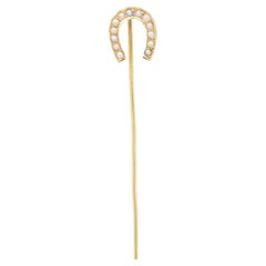 Antique Signed 14k Gold & Pearl Horseshoe Stickpin