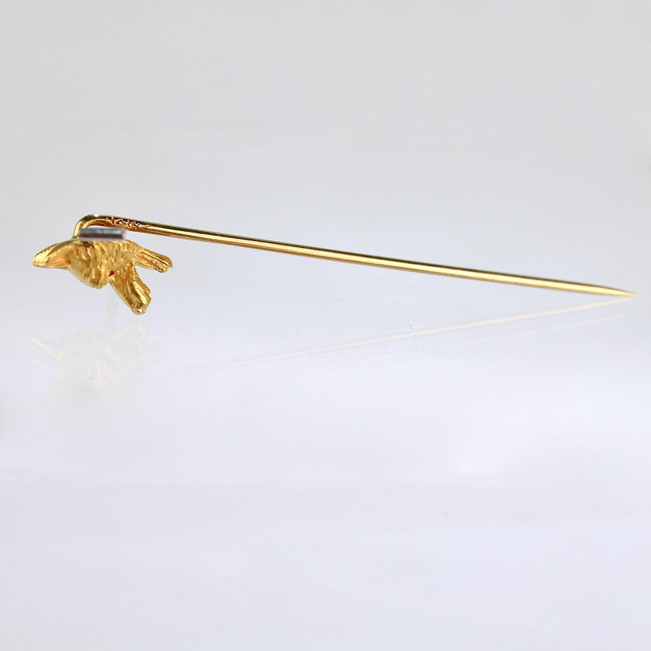 Antique Signed 14K Gold & Ruby Fox Hunt / Riding Crop Equestrian Stick Pin In Good Condition In Philadelphia, PA