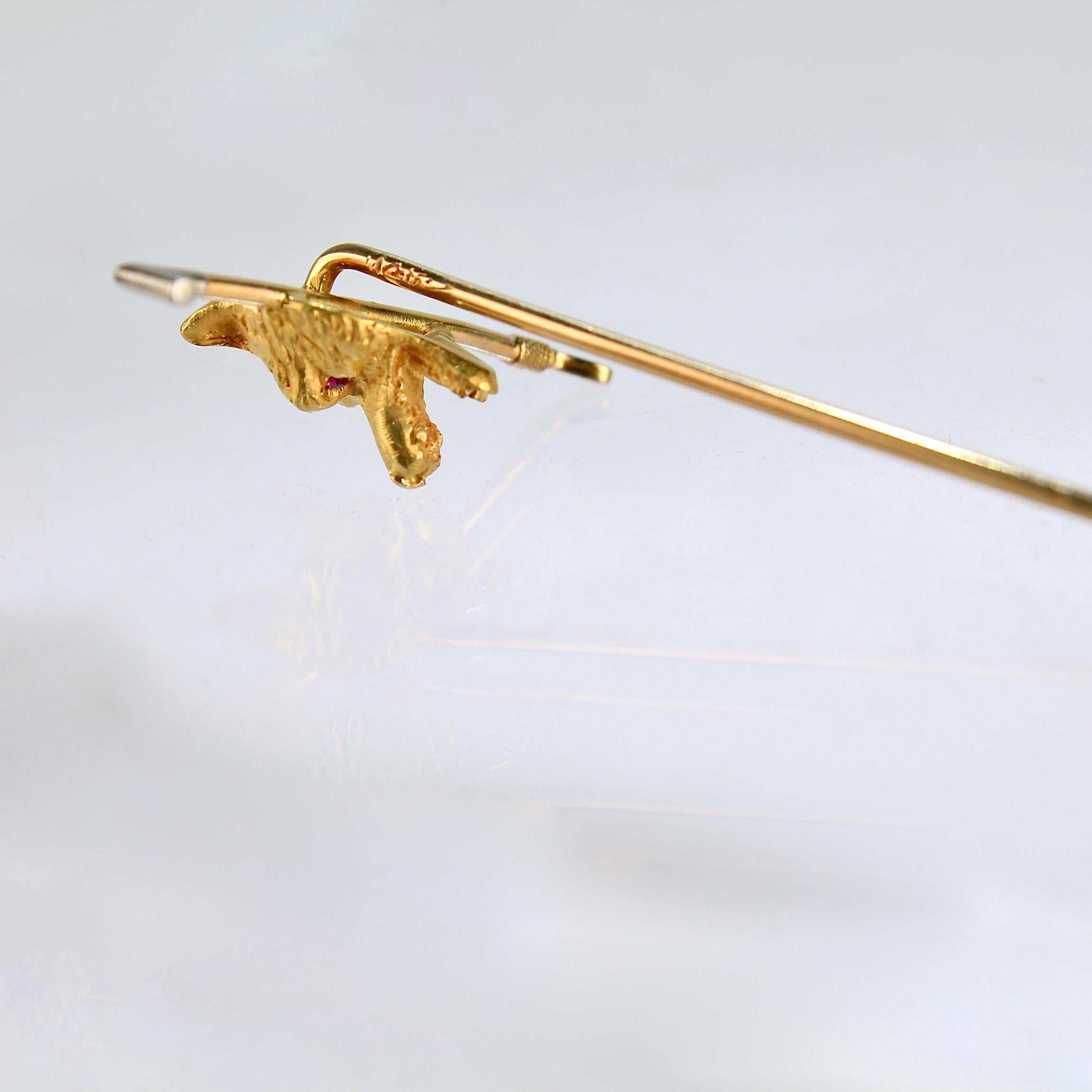 Women's or Men's Antique Signed 14K Gold & Ruby Fox Hunt / Riding Crop Equestrian Stick Pin