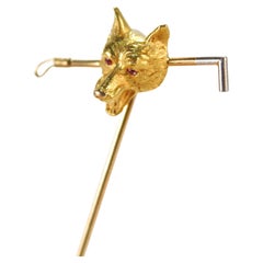 Used Signed 14K Gold & Ruby Fox Hunt / Riding Crop Equestrian Stick Pin