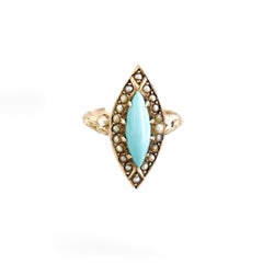 Antique Signed 14K Gold, Turquoise, and Seed Pearl Cocktail Ring