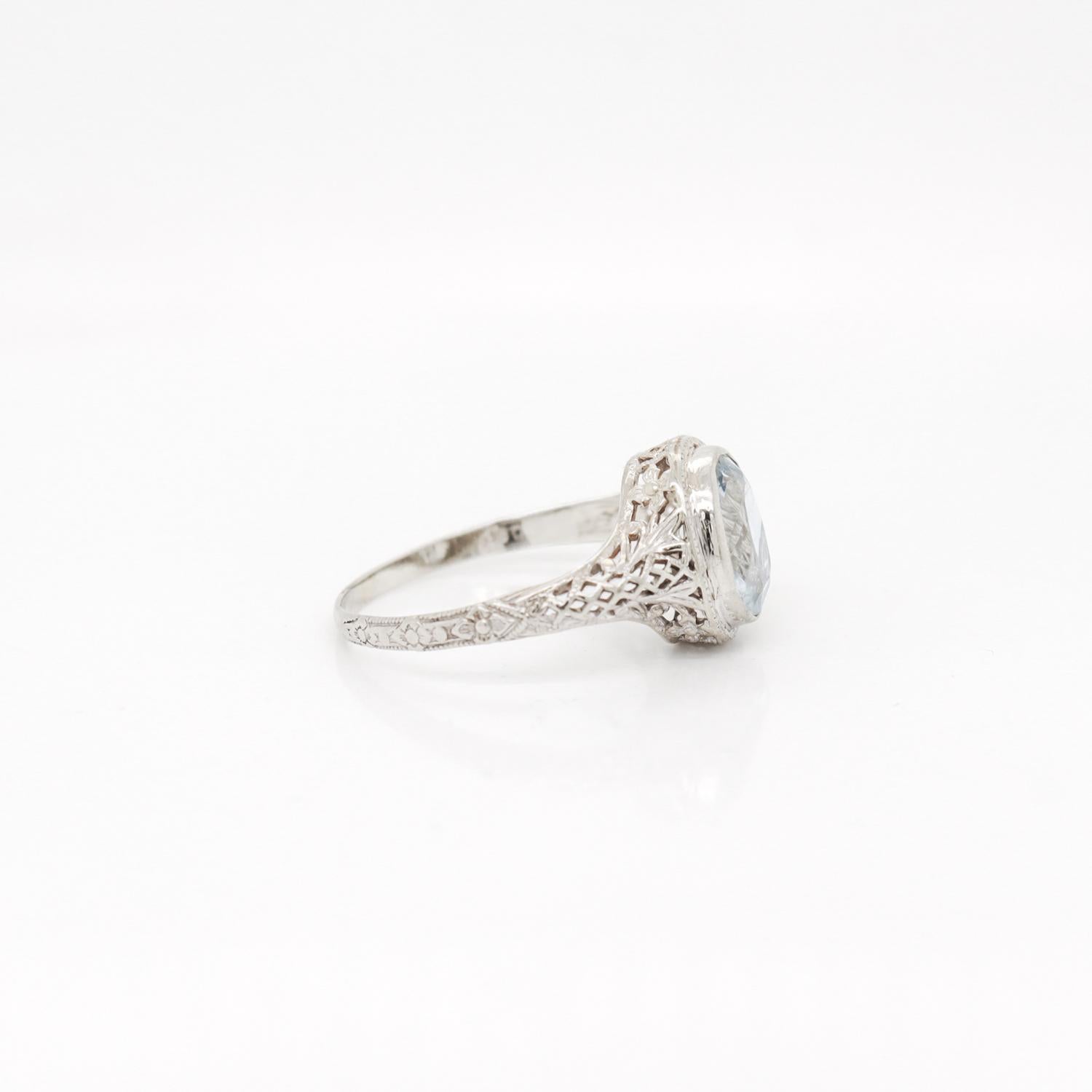 Antique Signed 14K White Gold & Oval Cut Aquamarine Edwardian Filigree Ring For Sale 6