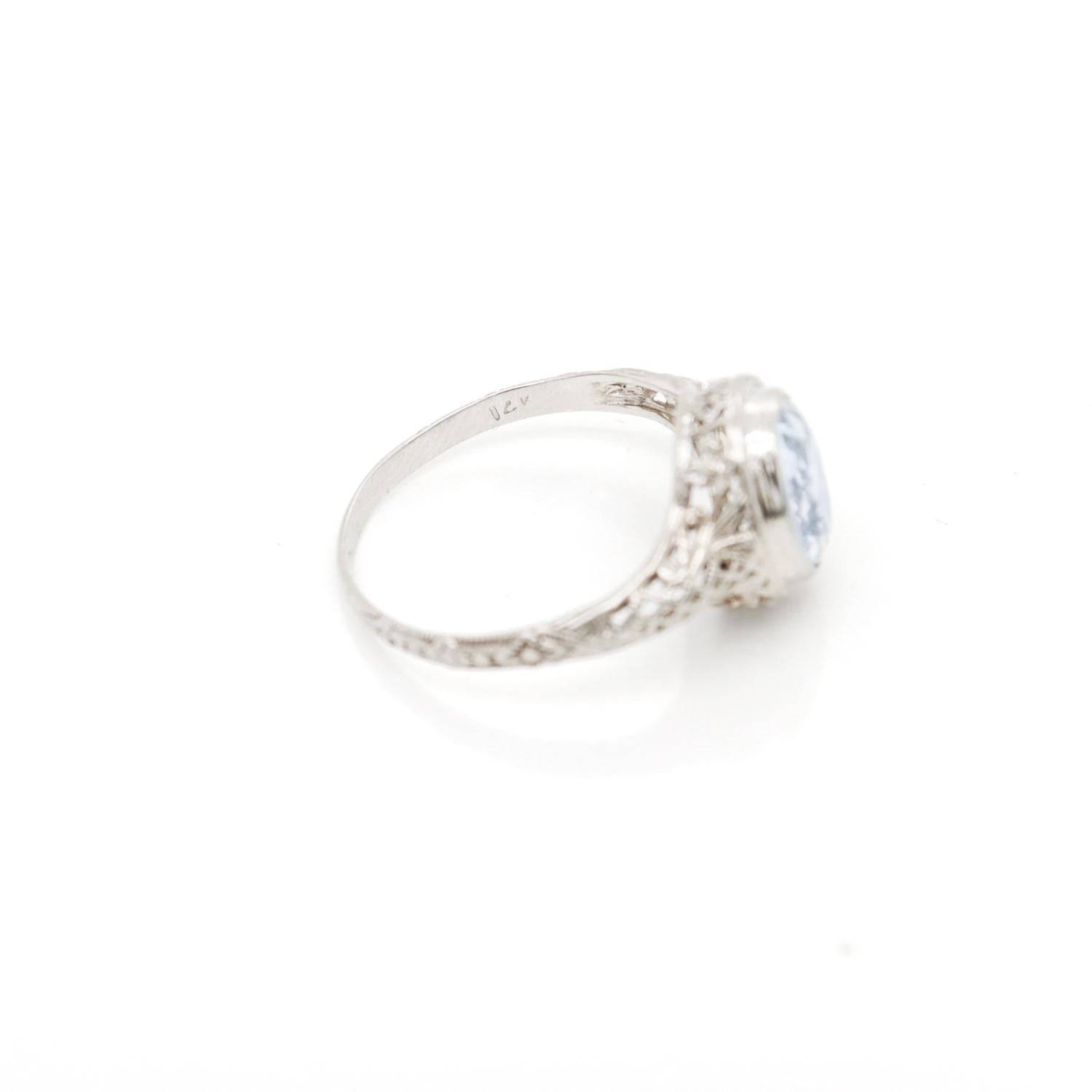 Antique Signed 14K White Gold & Oval Cut Aquamarine Edwardian Filigree Ring For Sale 7