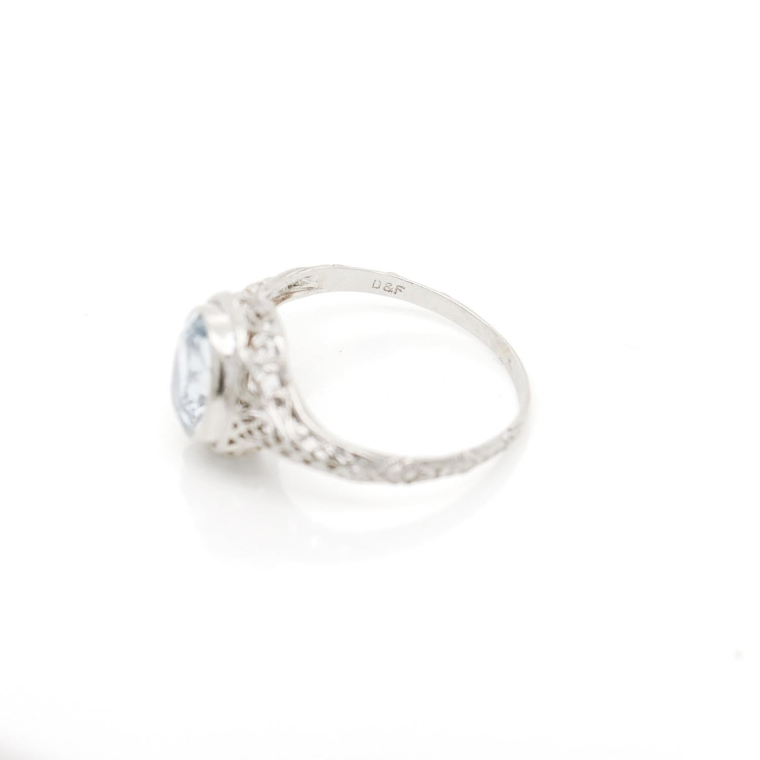 Antique Signed 14K White Gold & Oval Cut Aquamarine Edwardian Filigree Ring For Sale 8