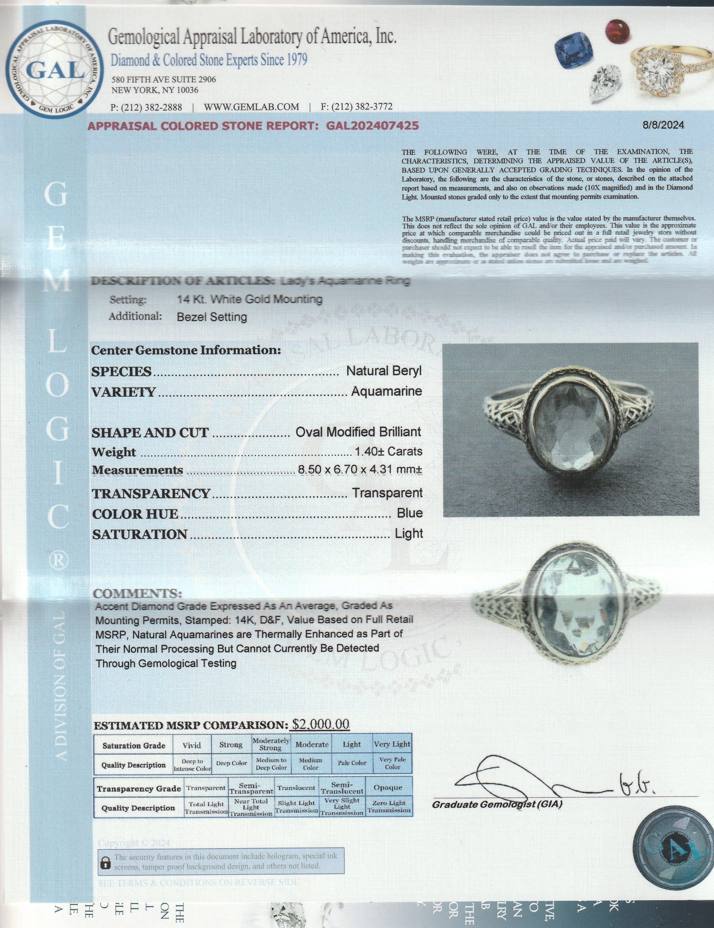 Antique Signed 14K White Gold & Oval Cut Aquamarine Edwardian Filigree Ring For Sale 9