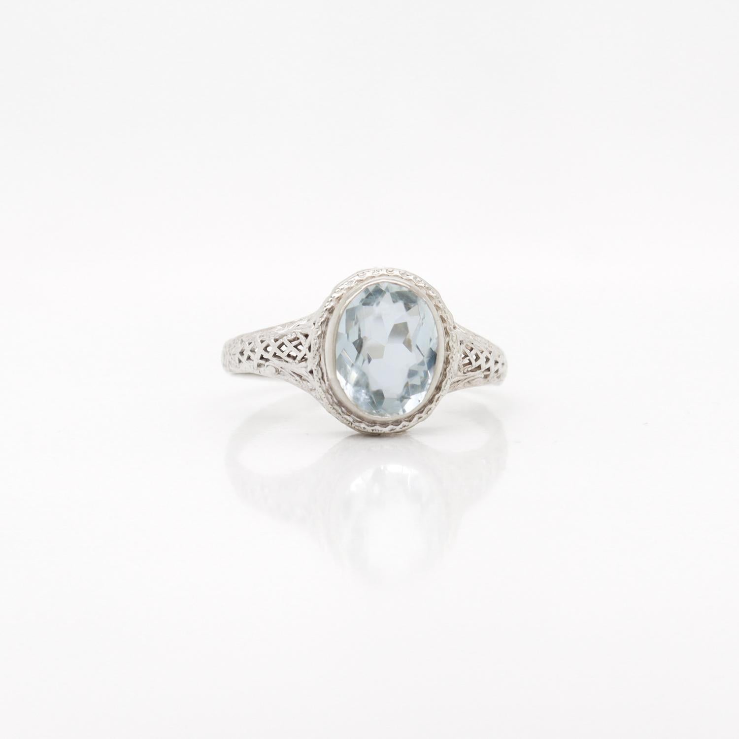Antique Signed 14K White Gold & Oval Cut Aquamarine Edwardian Filigree Ring For Sale 1