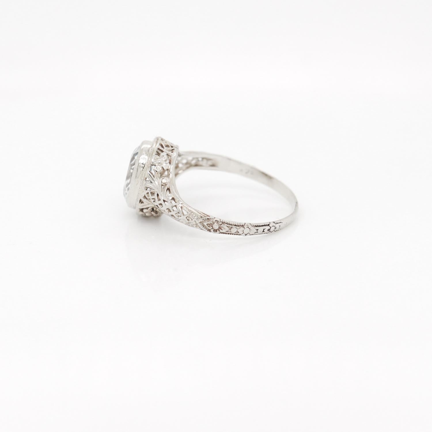 Antique Signed 14K White Gold & Oval Cut Aquamarine Edwardian Filigree Ring For Sale 3