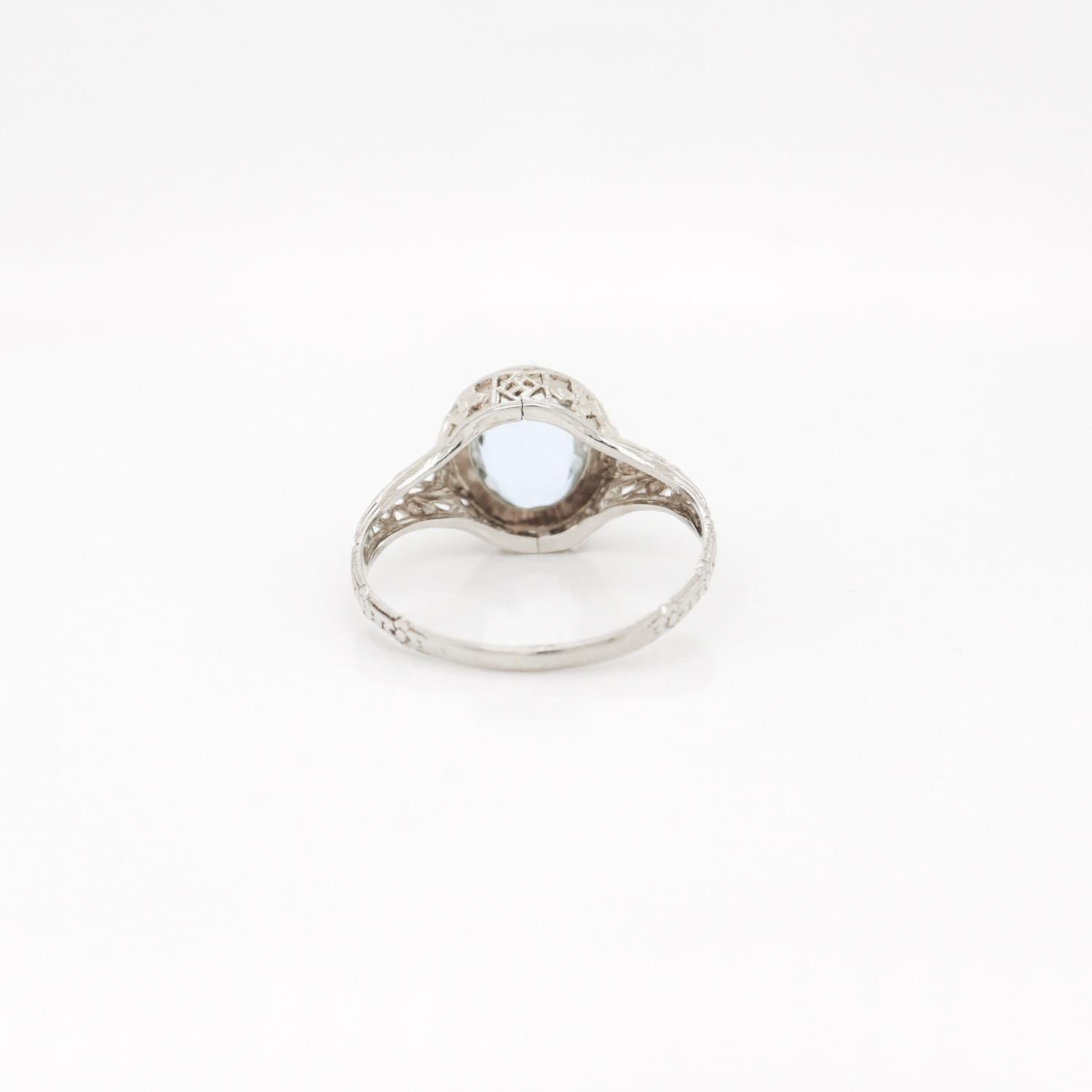 Antique Signed 14K White Gold & Oval Cut Aquamarine Edwardian Filigree Ring For Sale 4