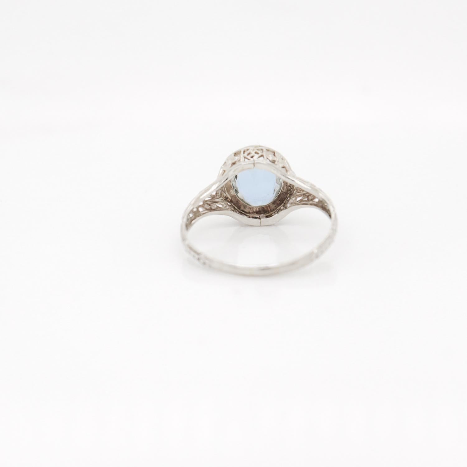 Antique Signed 14K White Gold & Oval Cut Aquamarine Edwardian Filigree Ring For Sale 5