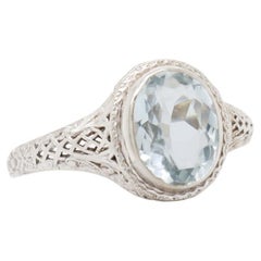 Antiker, signierter, edwardianischer filigraner Ring aus 14 Karat Weißgold mit Aquamarin im Ovalschliff