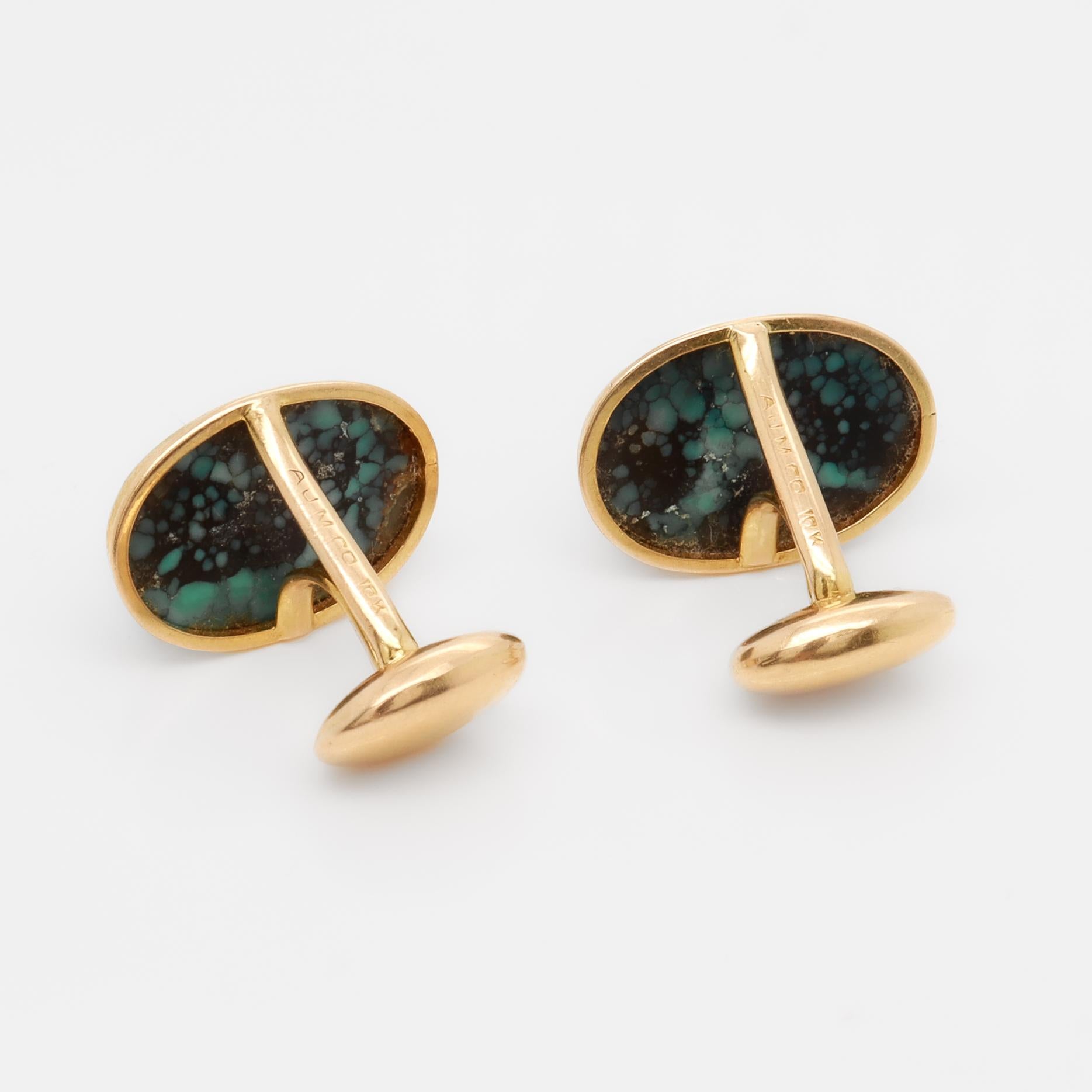 Antique Signed AJM Co 10k Gold and Turquoise Cabochon Cufflinks For Sale 5