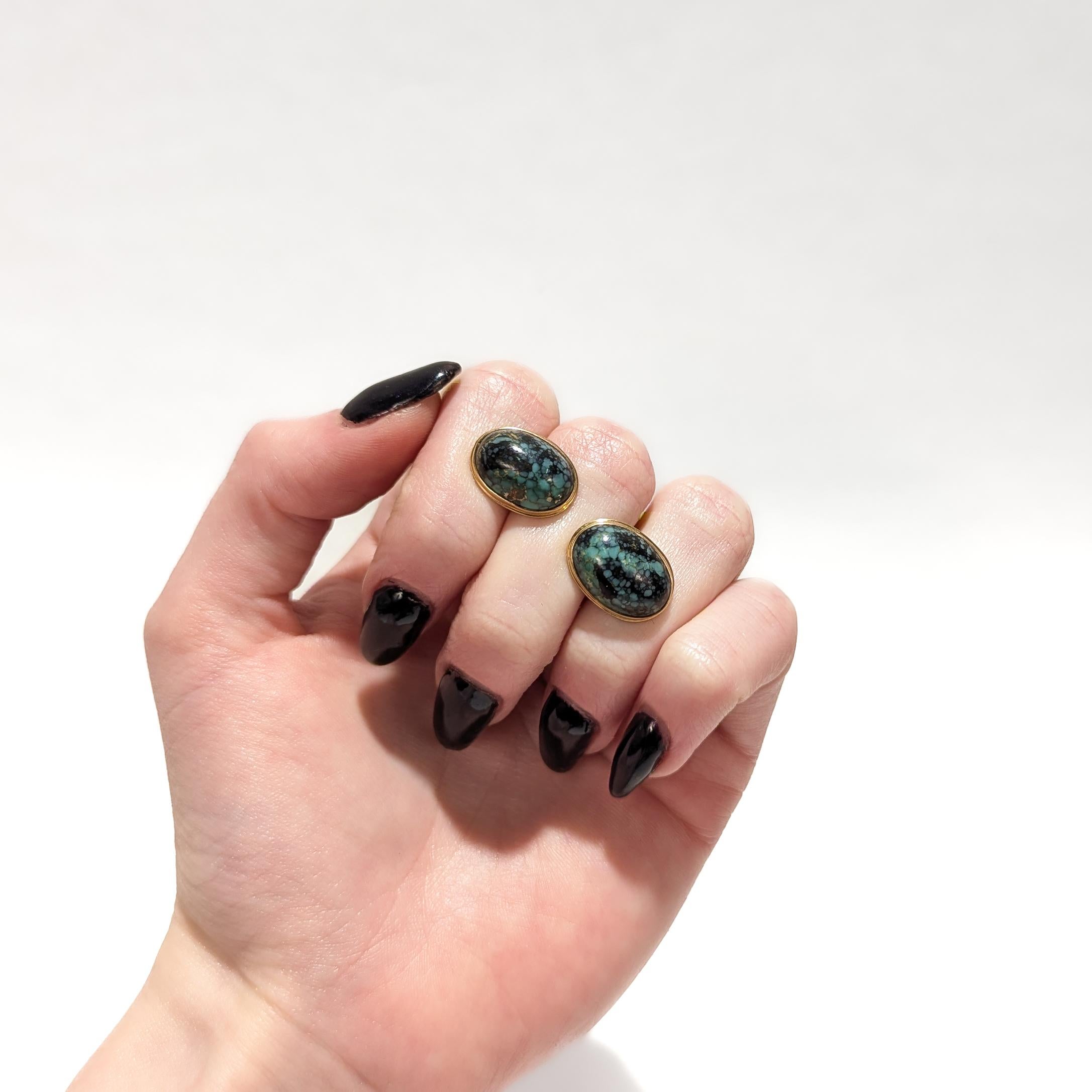 Edwardian Antique Signed AJM Co 10k Gold and Turquoise Cabochon Cufflinks For Sale