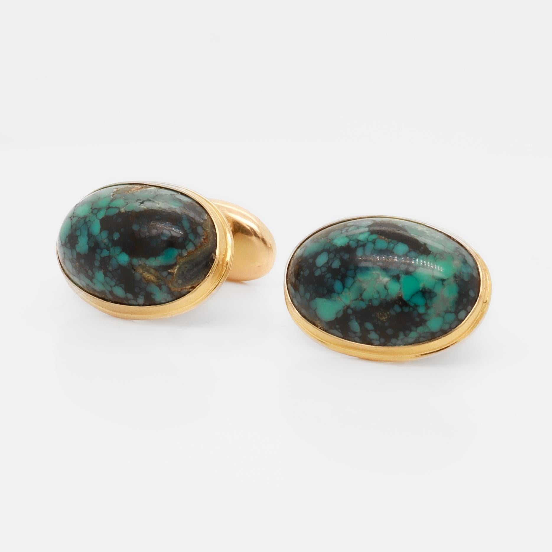 Antique Signed AJM Co 10k Gold and Turquoise Cabochon Cufflinks In Good Condition For Sale In Philadelphia, PA
