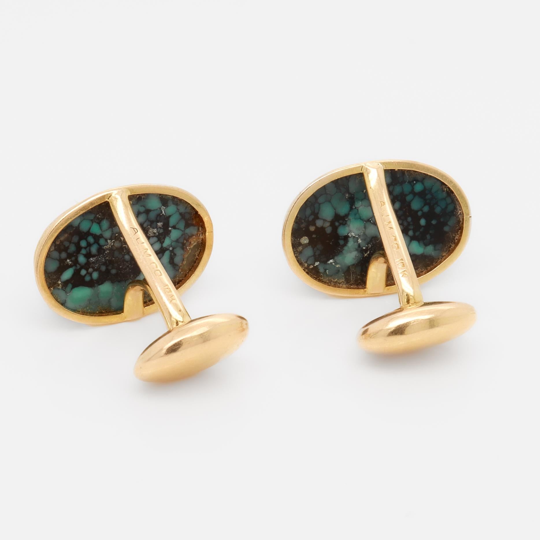 Antique Signed AJM Co 10k Gold and Turquoise Cabochon Cufflinks For Sale 4