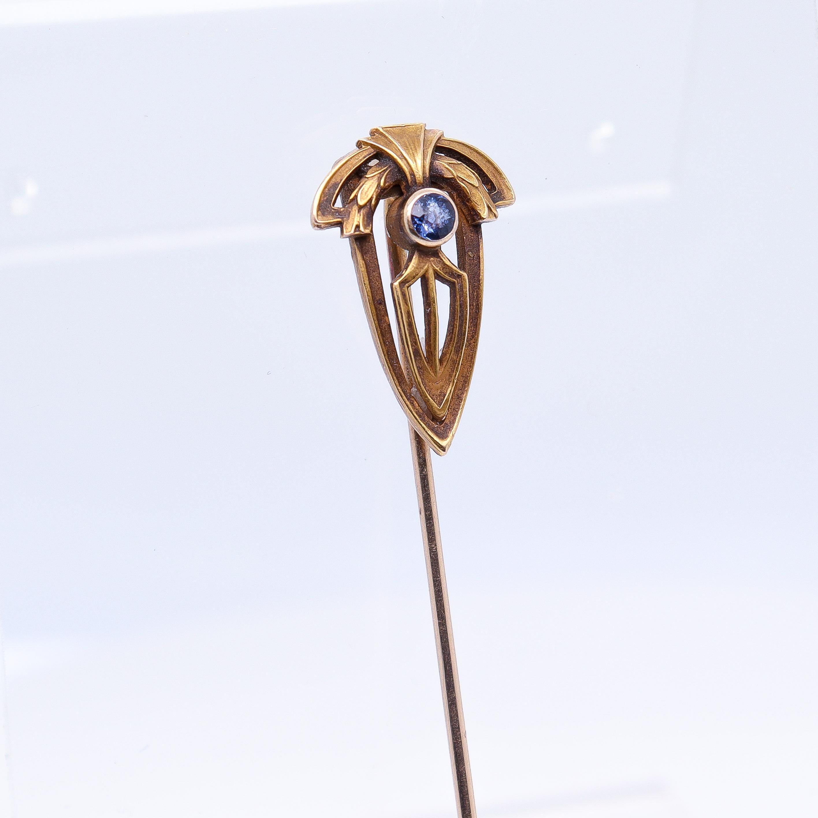 Round Cut Antique Signed Alling & Co. Edwardian 14k Gold & Blue Topaz Stickpin For Sale