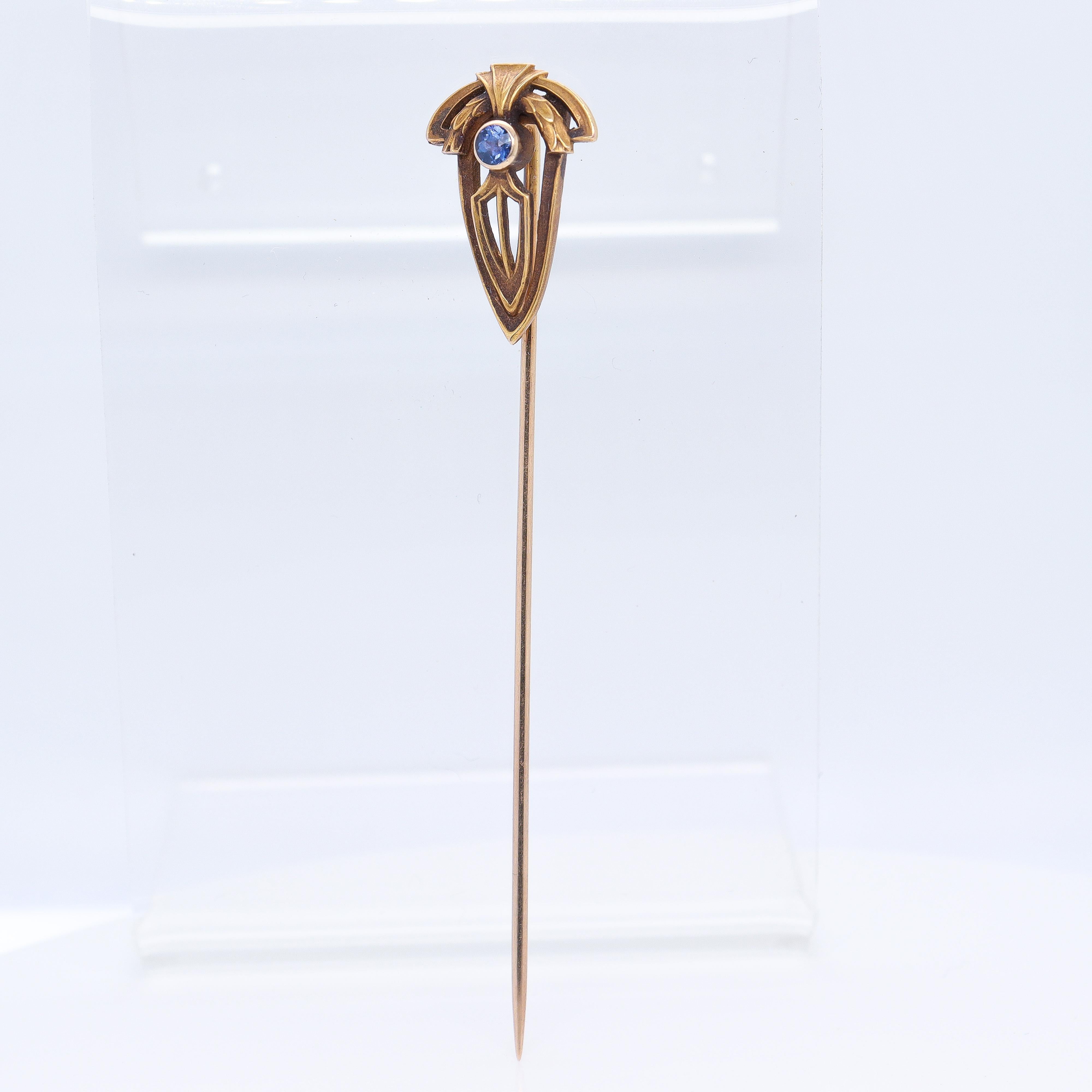 Antique Signed Alling & Co. Edwardian 14k Gold & Blue Topaz Stickpin In Good Condition For Sale In Philadelphia, PA