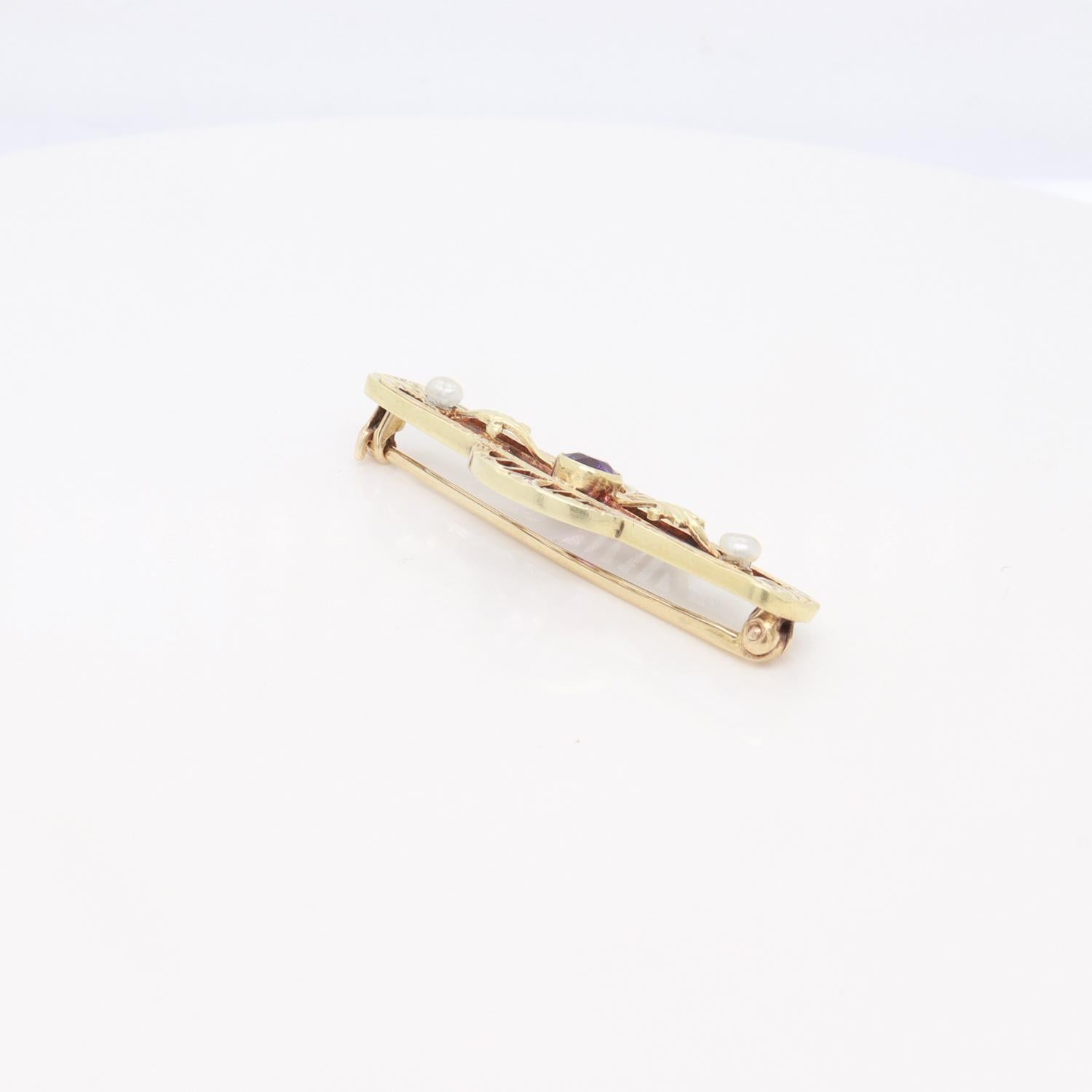 Antico firmato Allsopp-Bliss Co. Spilla Art Deco in oro 14K, ametista e perle in vendita 4