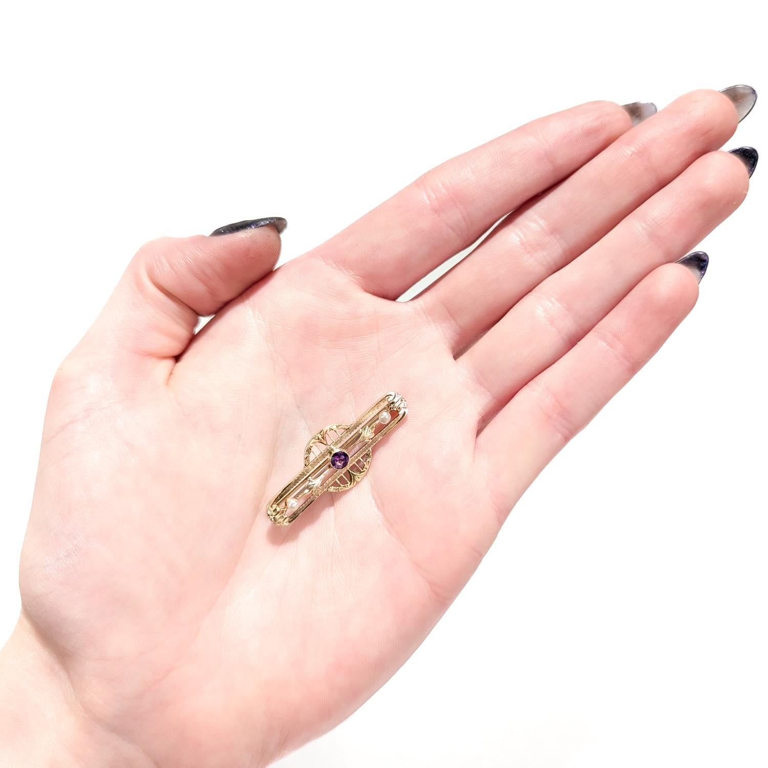 Antico firmato Allsopp-Bliss Co. Spilla Art Deco in oro 14K, ametista e perle in vendita 8