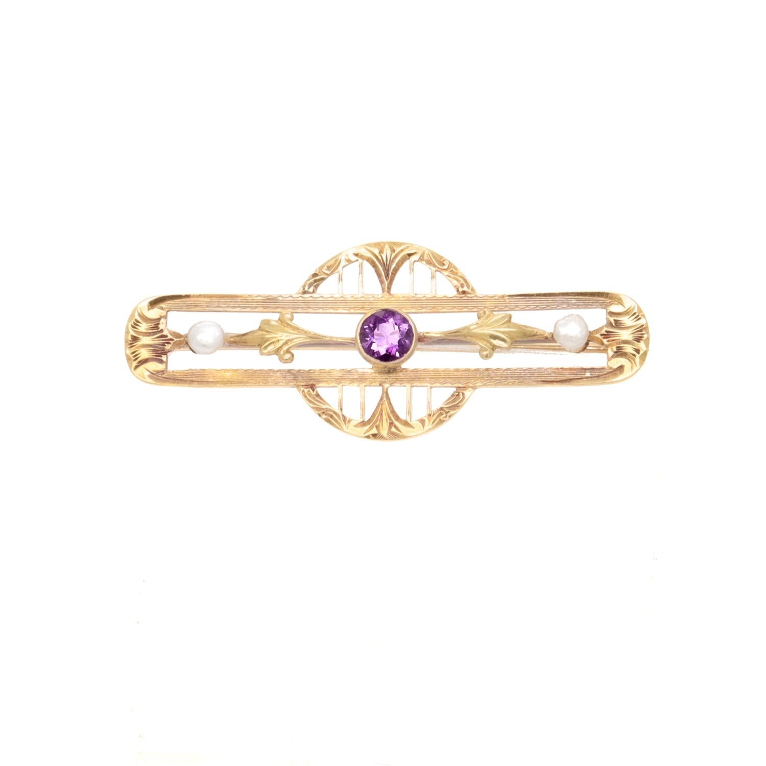 Taglio rotondo Antico firmato Allsopp-Bliss Co. Spilla Art Deco in oro 14K, ametista e perle in vendita