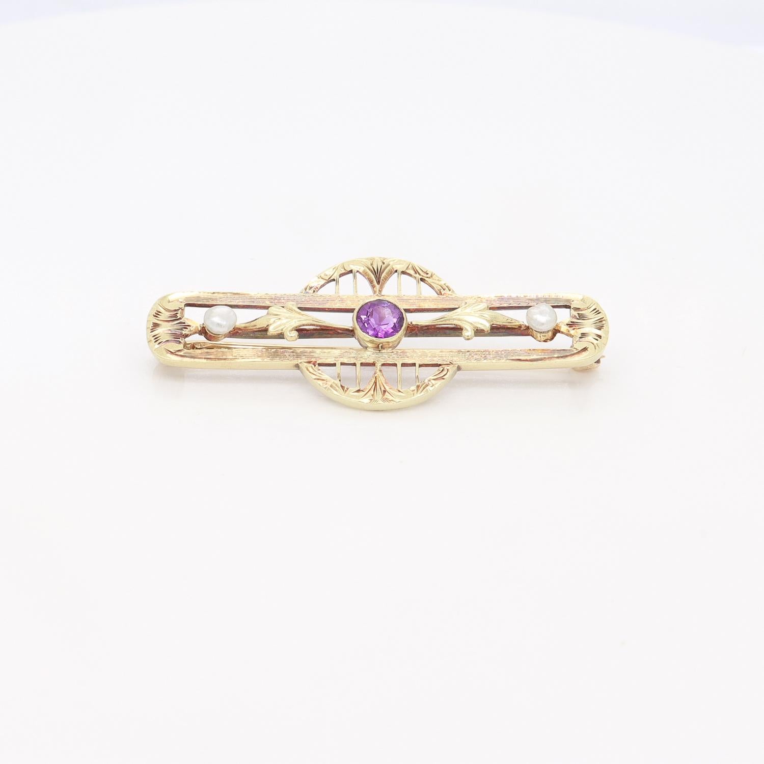 Antico firmato Allsopp-Bliss Co. Spilla Art Deco in oro 14K, ametista e perle in vendita 2