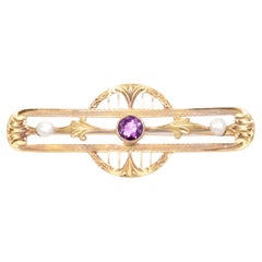 Antique Signed Allsopp-Bliss Co. Art Deco 14K Gold, Amethyst, & Pearl Brooch