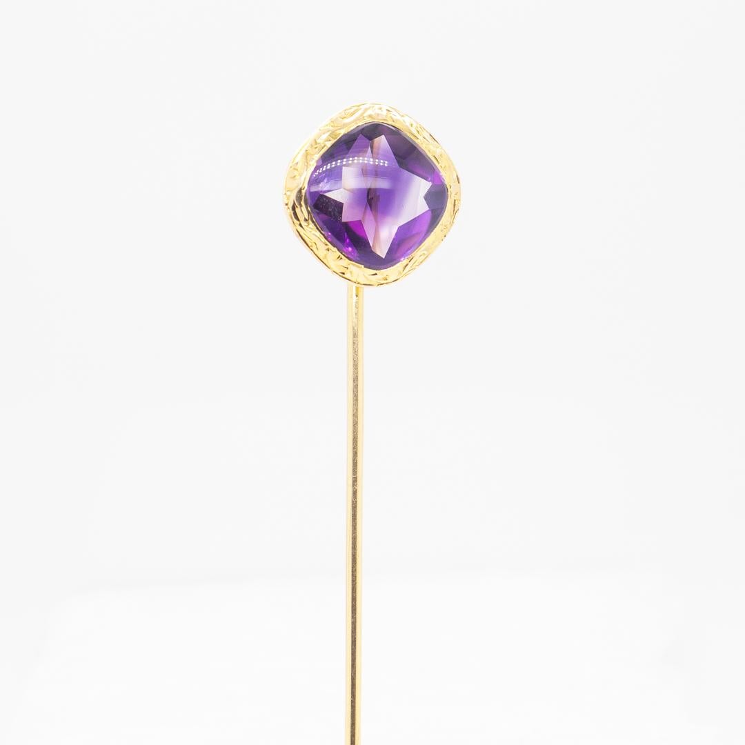 Cabochon Antique Signed American Edwardian 14k Gold and Amethyst Stick Pin For Sale