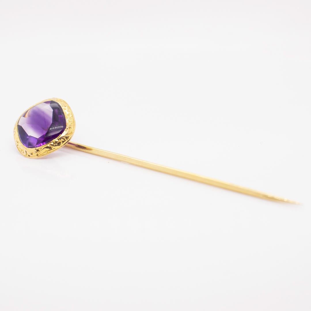 Antique Signed American Edwardian 14k Gold and Amethyst Stick Pin In Good Condition For Sale In Philadelphia, PA