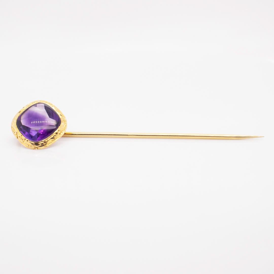 Women's or Men's Antique Signed American Edwardian 14k Gold and Amethyst Stick Pin For Sale