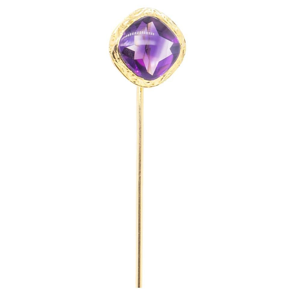 Antique Signed American Edwardian 14k Gold and Amethyst Stick Pin For Sale