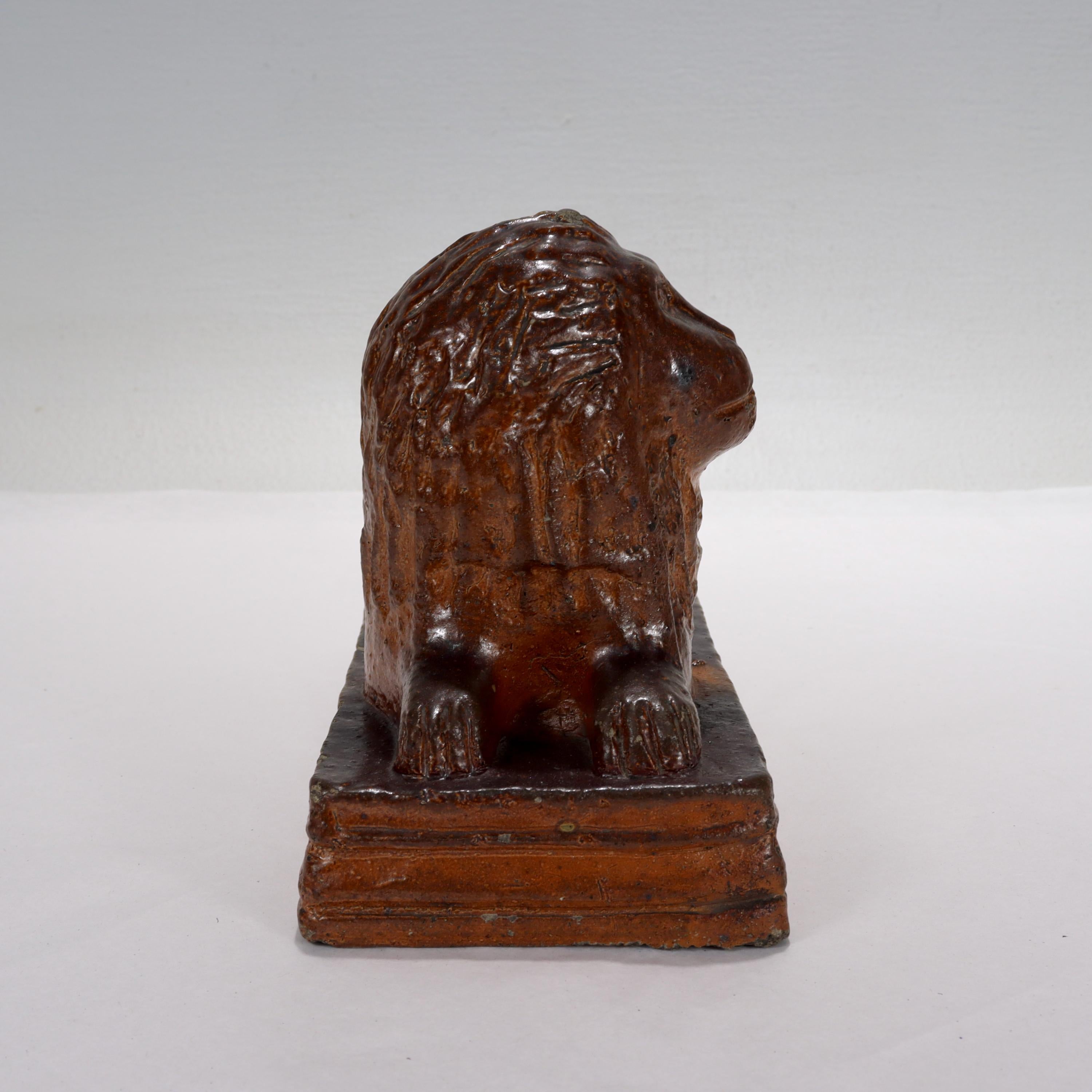 Antique Signed American Folk Art Sewer Tile or Redware Pottery Lion Figurine In Good Condition For Sale In Philadelphia, PA