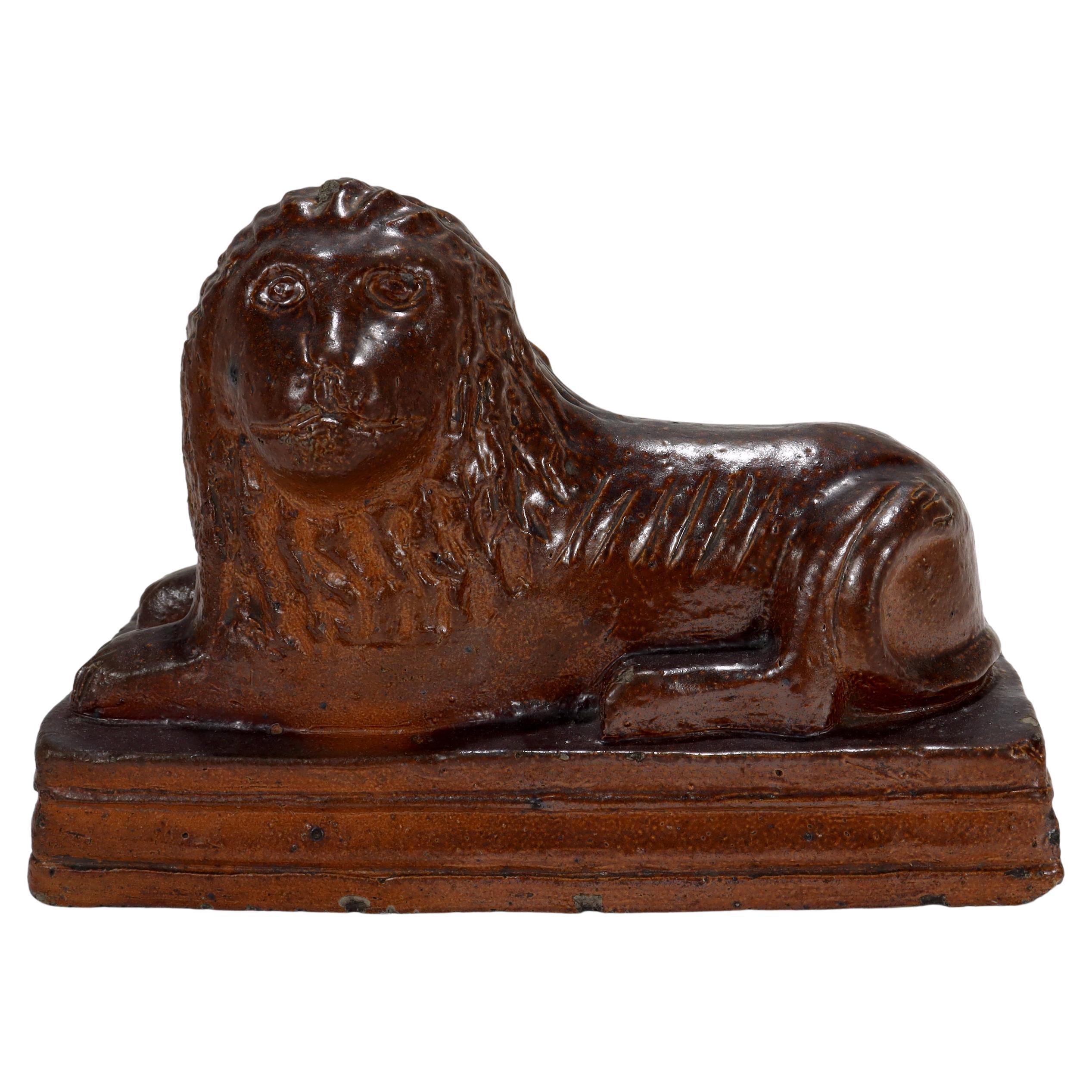 Antique Signed American Folk Art Sewer Tile or Redware Pottery Lion Figurine For Sale