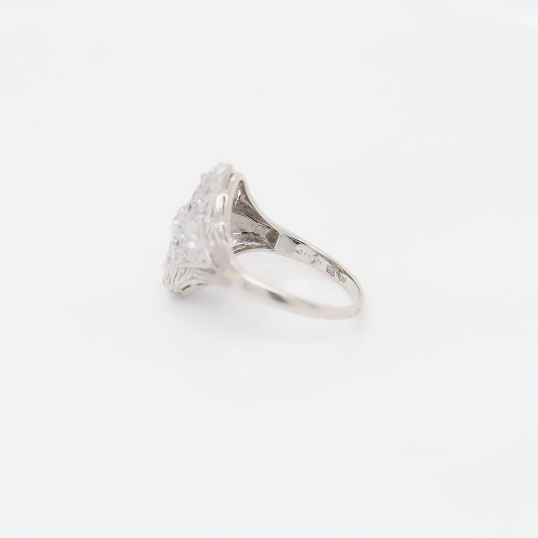 Antique Signed Art Deco 14K White Gold & Diamond Cluster Ring For Sale 5