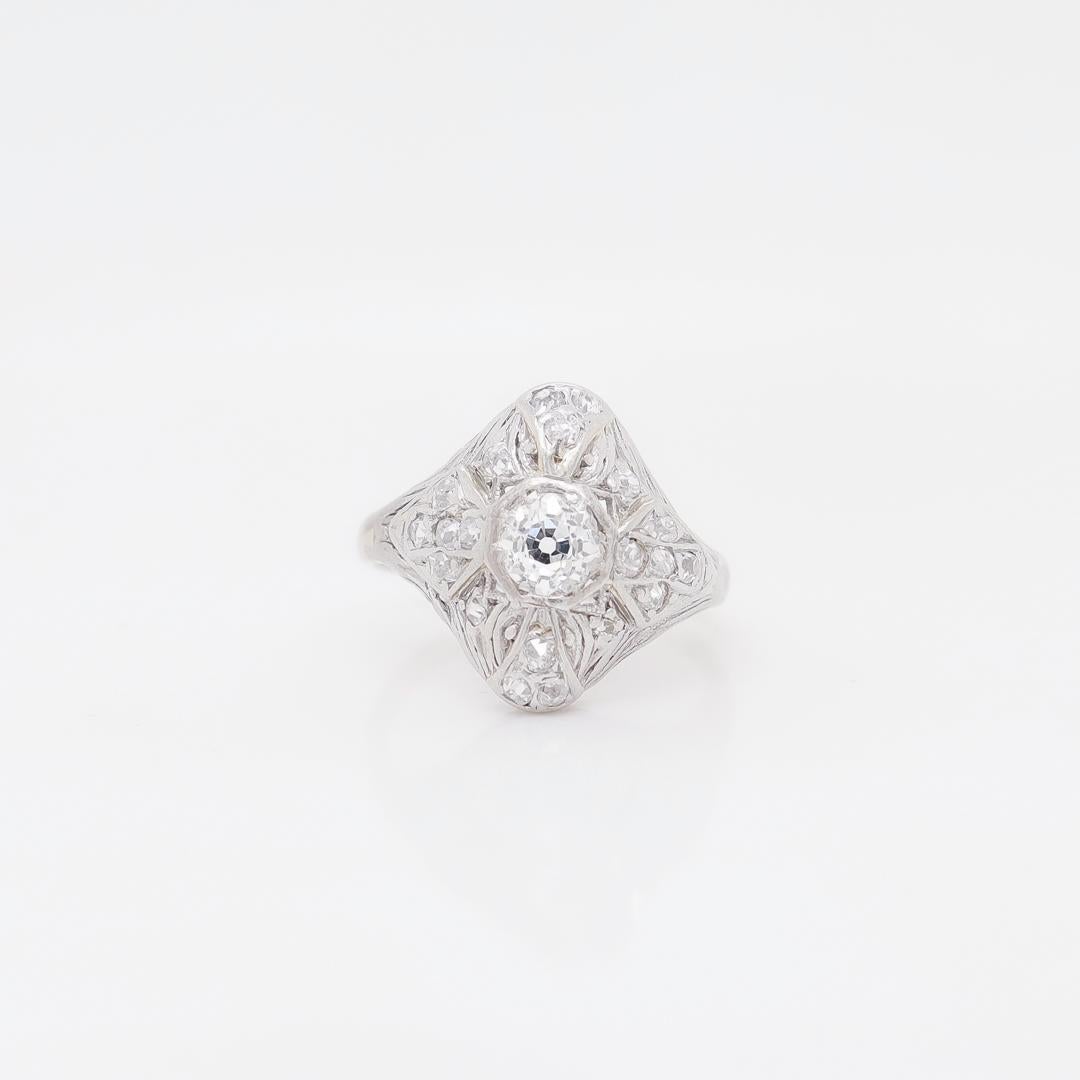 Antique Signed Art Deco 14K White Gold & Diamond Cluster Ring In Good Condition For Sale In Philadelphia, PA
