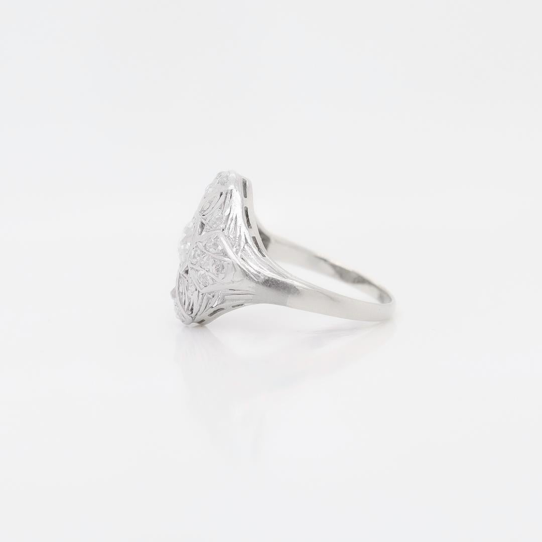 Women's Antique Signed Art Deco 14K White Gold & Diamond Cluster Ring For Sale
