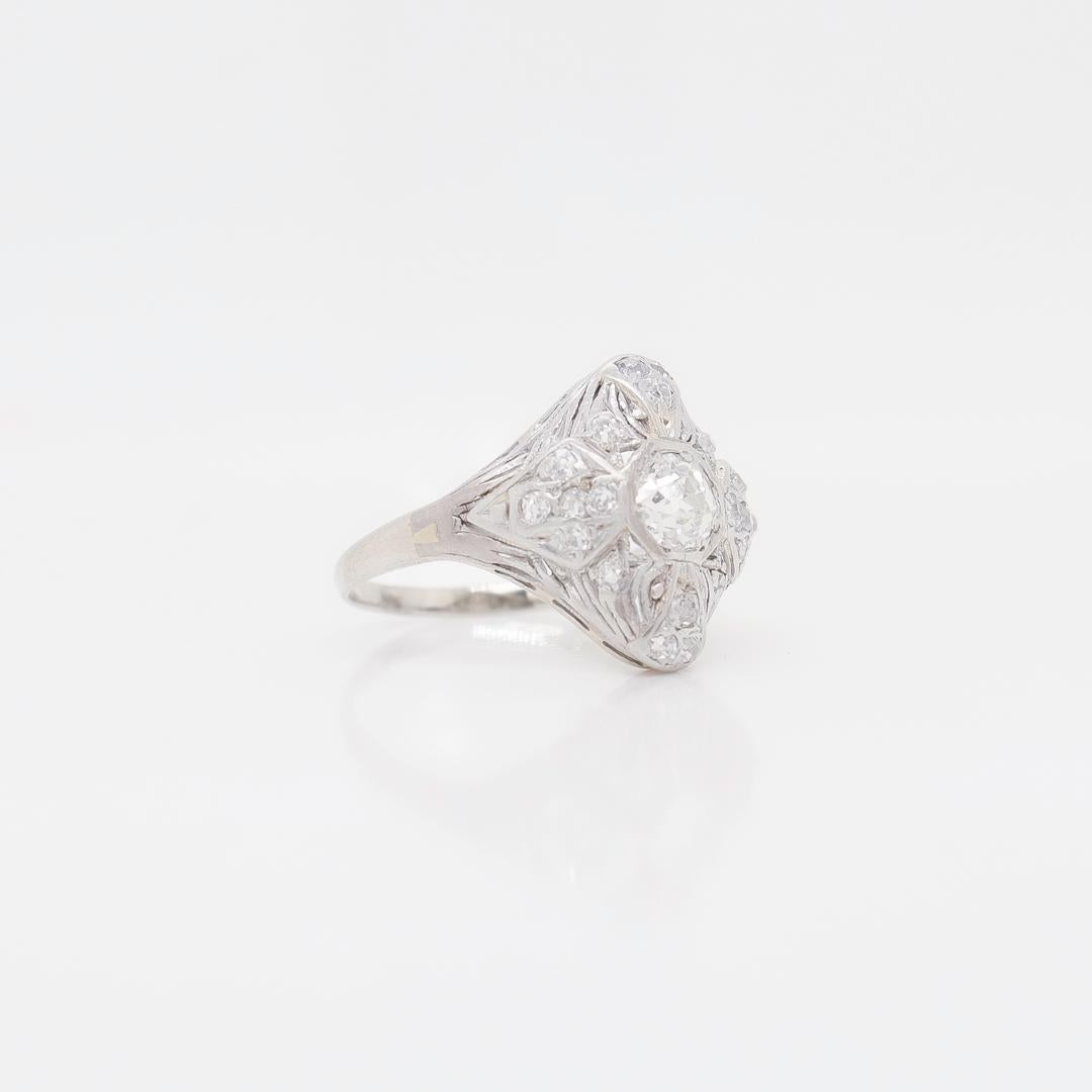 Antique Signed Art Deco 14K White Gold & Diamond Cluster Ring For Sale 4