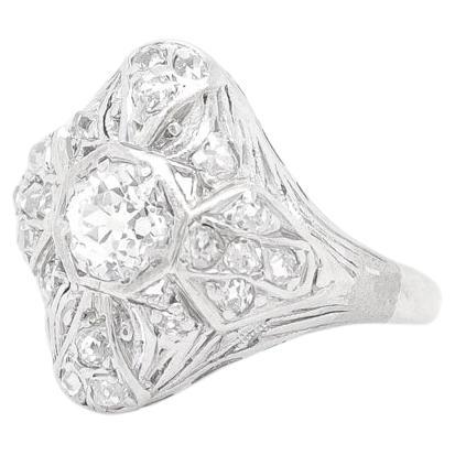 Antique Signed Art Deco 14K White Gold & Diamond Cluster Ring For Sale