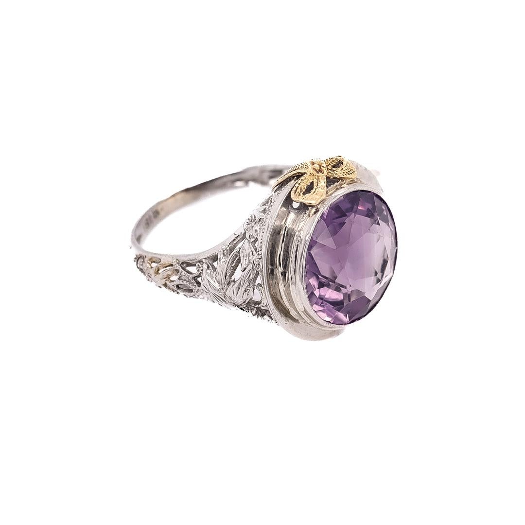 Round Cut Antique Signed Art Deco 18k Gold & Amethyst Filigree Ring with Lovebirds For Sale