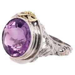 Antique Signed Art Deco 18k Gold & Amethyst Filigree Ring with Lovebirds