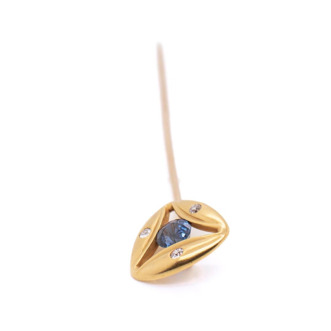 Antique Signed Art Deco Gold, Diamond, & Sapphire Stick Pin by The Brassler Co. For Sale 6