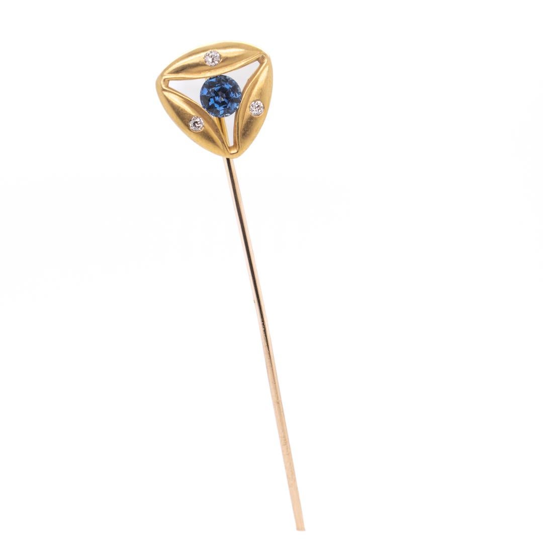 Antique Signed Art Deco Gold, Diamond, & Sapphire Stick Pin by The Brassler Co. For Sale 7