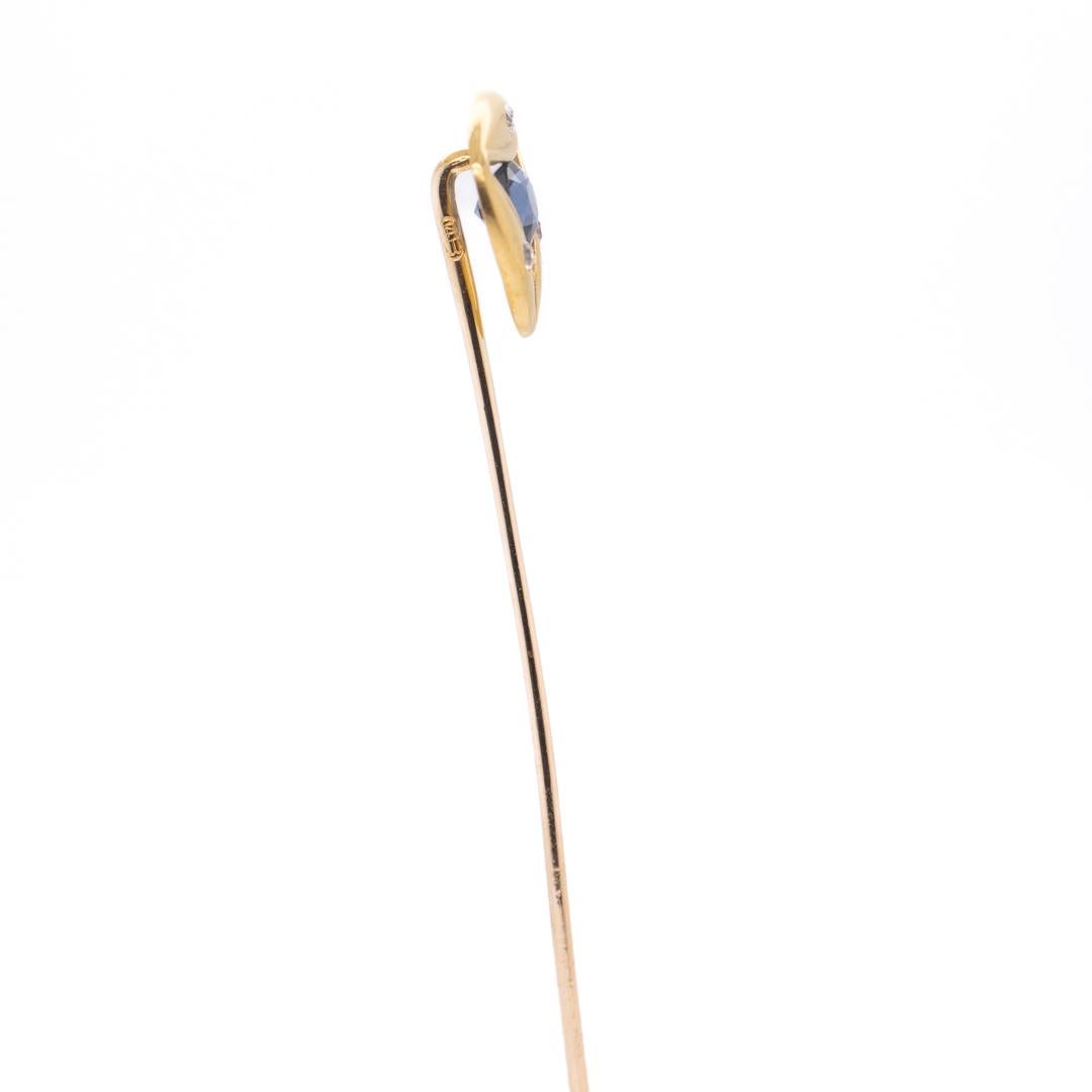 Antique Signed Art Deco Gold, Diamond, & Sapphire Stick Pin by The Brassler Co. For Sale 12